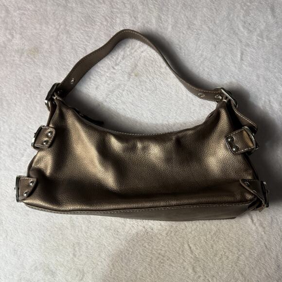 Vtg Bronze Mini Bag Purse Y2K 2000s Buckle Detail Shoulder Strap Metallic Hobo - Picture 3 of 5